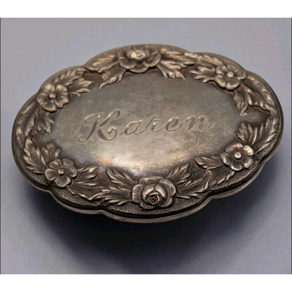 Vintage S. Kirk & Son Sterling Silver Floral Brooch Pin Engraved Karen 14F Oval